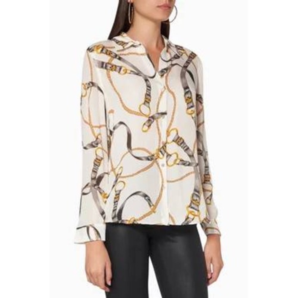 L'AGENCE Nina Blouse Large Ivory Chain Print Silk Georgette L Sleeve Old Money